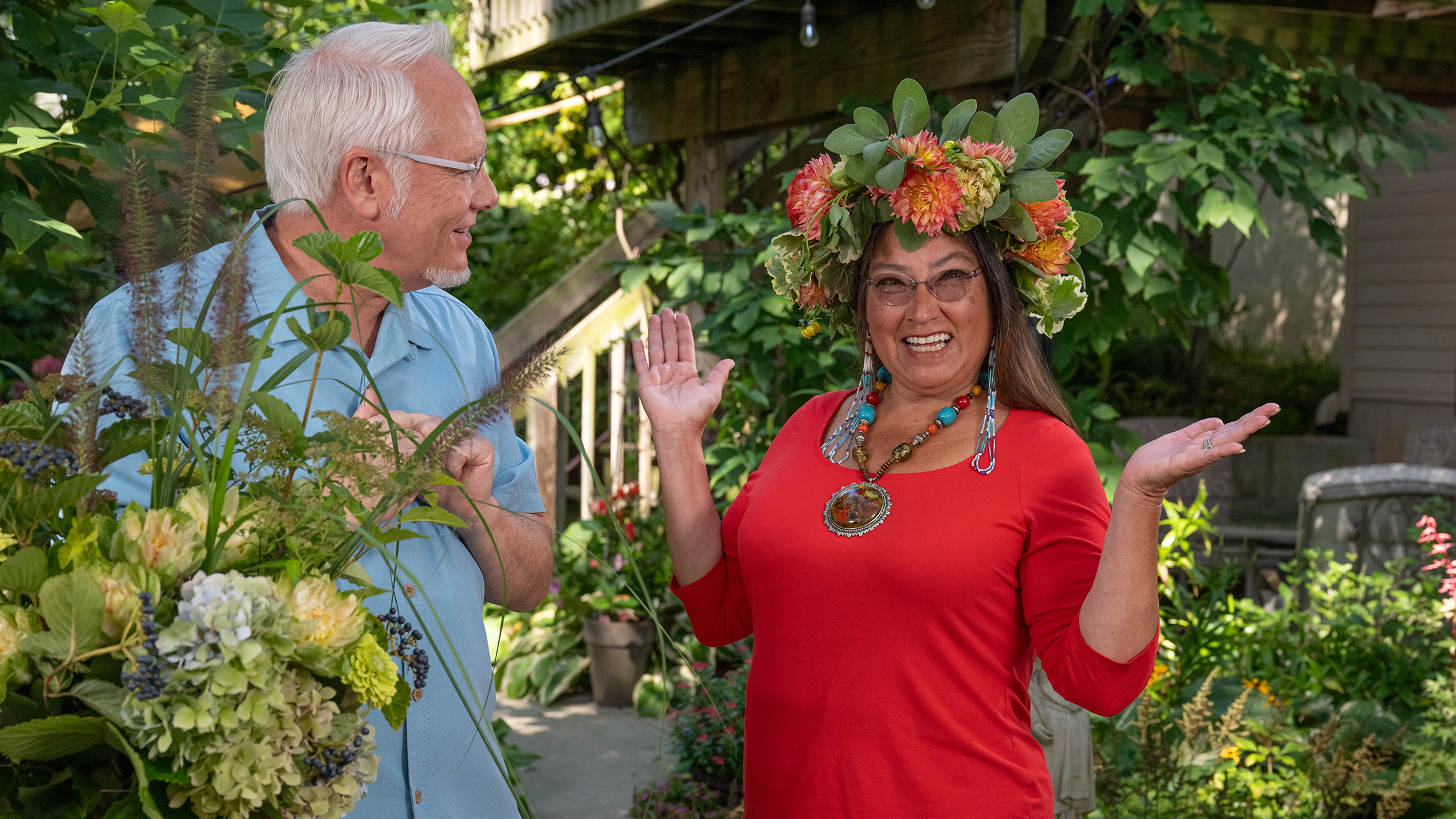 Ms. Margo is delighted to receive a Flower Crown after experiencing the garden and discussing ways to listen to nature.. Watch J Schwanke’s Life in Bloom, seen on public television and Create TV stations.